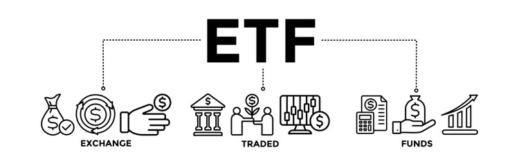 ETF banner icons set for Exchange Traded Funds Stock Market Investment with black outline icon of money, cash flow, trading, transaction, bank, accounting, and growth