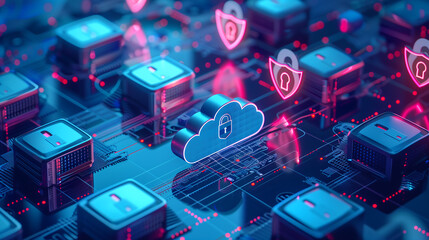 cloud security shield icons on digital background, data protection concept of online technology  network connection in blue neon light colors