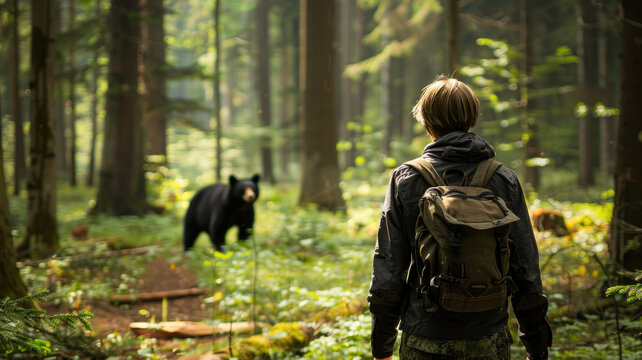 Person with backpack facing bear in forest