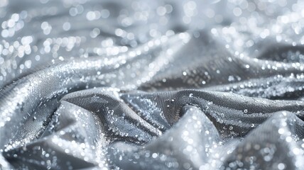 Shimmering silver fabric with sparkling water droplets, textured and luxurious appearance
