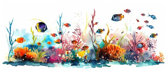A beautiful watercolor of a vibrant coral reef teeming with colorful fish, illustrated in a dreamlike quality, isolated minimal with white background