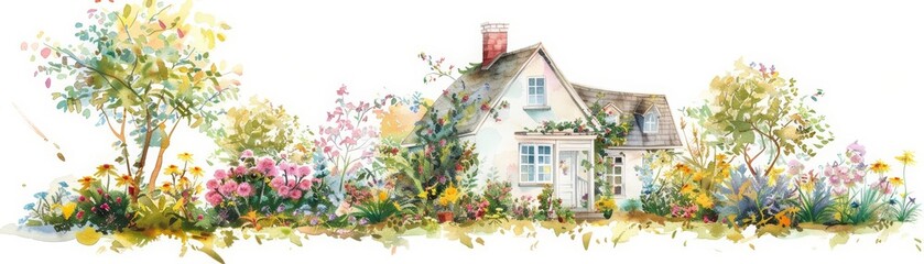 A beautiful watercolor of a quaint cottage surrounded by a blooming garden, capturing the essence of spring, isolated with a white background