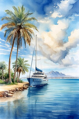 Wall art Watercolor yacht. Advertising signs. Product design. Product sales. Fabric design, Digital printing, Prints Room Decoration.
