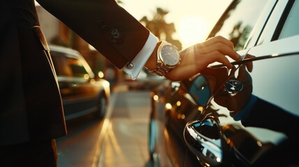 Naklejka premium Portrait of a businessman wearing a suit and luxury watch about to enter his car.