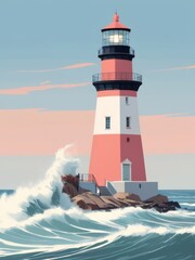 Obraz premium flat illustration of light house and big wave