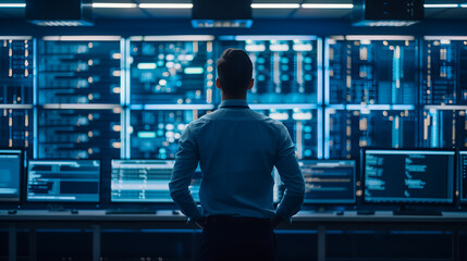 Businessman in shirt standing at the front of large server room with multiple computer screens