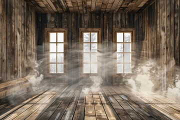 Wooden sauna with steam seeping from windows on a hardwood floor