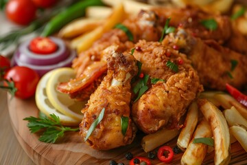 Irresistible crispy chicken, freshly prepared and still warm, incredibly appetizing, paired with potato fries, sliced onions, sliced chilies, sliced peppers, and sliced tomatoes, served on a wooden pl