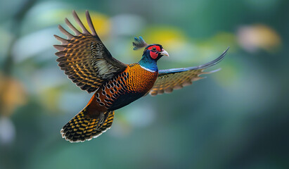 A stunning and colorful pheasant captured mid-flight, showcasing its intricate feather patterns and vibrant plumage with background of the green rainforest
