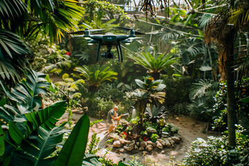 In a large garden, a gardener uses a drone for plant surveillance and irrigation.