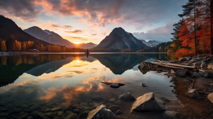 Sunset over the lake and mountain.