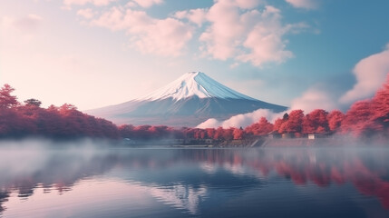 Volcano and calm lake. Nature landscape