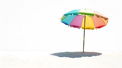A single colorful beach umbrella against a white backdrop, inviting relaxation and shade on hot summer days.