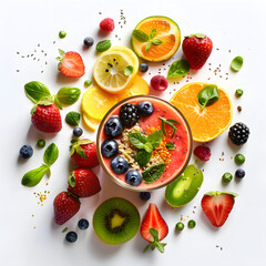 Creative layout made of smoothie and fruits around. Flat lay of fruit milkshake. Food concept. Top view of smoothie and fruits isolated on white background.