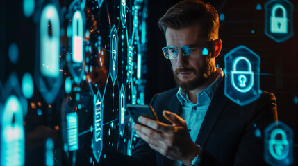 businessman in a suit using his smartphone, surrounded by digital icons representing cyber security and data protection such as padlocks