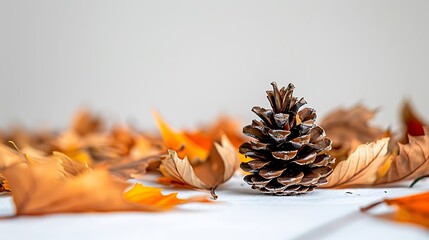 A single pinecone resting on a bed of fallen leaves against a white backdrop, a simple yet elegant portrayal of autumn.