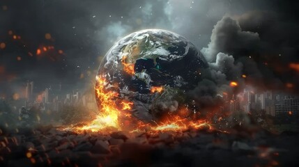 Conceptual Illustration of a Collapsing Earth Globe, Burning and Destroyed by Fire, Symbolizing the Devastating Impact of Global Warming Driven by Excessive Industrial and Financial Activities