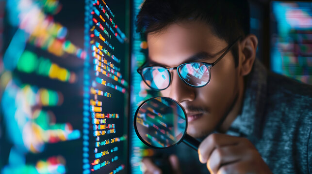  Hacker with magnifying glass looking at computer code on screen, cybersecurity data privacy concept 