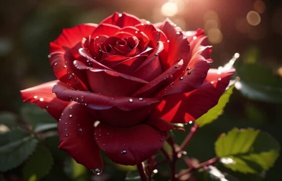 Red rose with water droplets, cinematic shot of a red rose with water and the sun in the background Generative AI