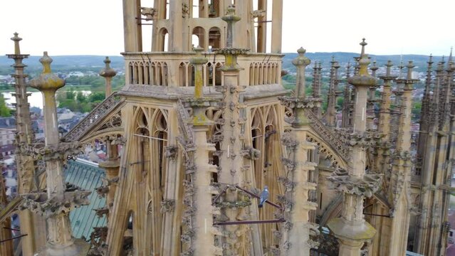 Metz Cathedral in France Circulating Exterior Pillars, Wide Drone Shot