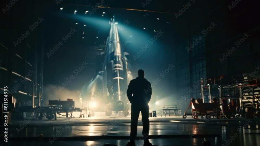 Poster an aerospace engineer examines a spacecraft in a hangar, preparing it for launch.