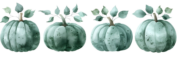 leaves isolated on white background,
 Set of hand drawn watercolor green pumpkins