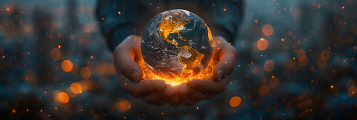 fire in the woods,
The globe Earth in the hands of man
