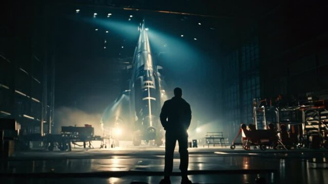 An aerospace engineer examines a spacecraft in a hangar, preparing it for launch.