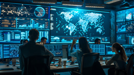 high tech security control room multiple screens global cybersecurity, team analyzing information on computers, symbolizing advanced digital work data privacy