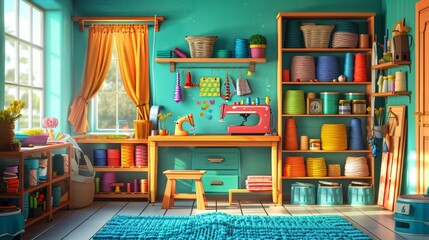A colorful room with a sewing machine and a desk