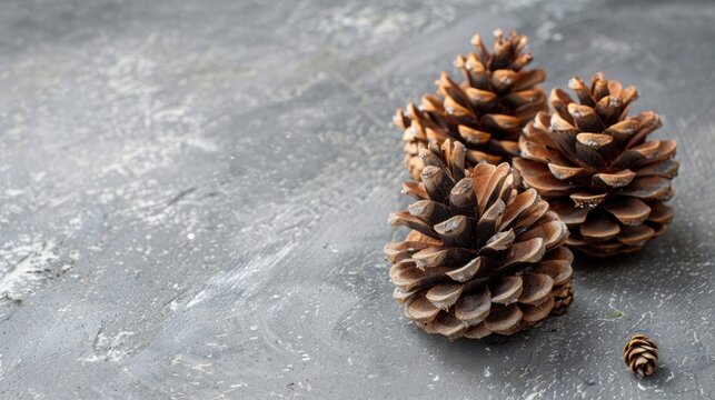 Group of three full pine cones on a grey stone surface