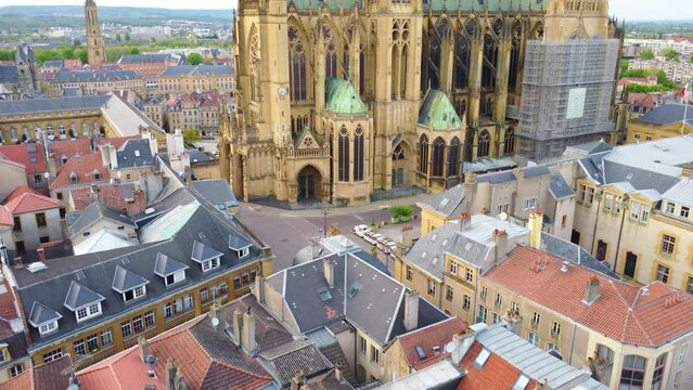 Slow Reveal of Metz Cathedral in France with Drone, Wide Shot