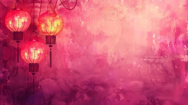 Beautiful festive background illuminated by lanterns in fuchsia for a lively celebration, Watercolor design Blank frame template Sharpen with large copy space on center