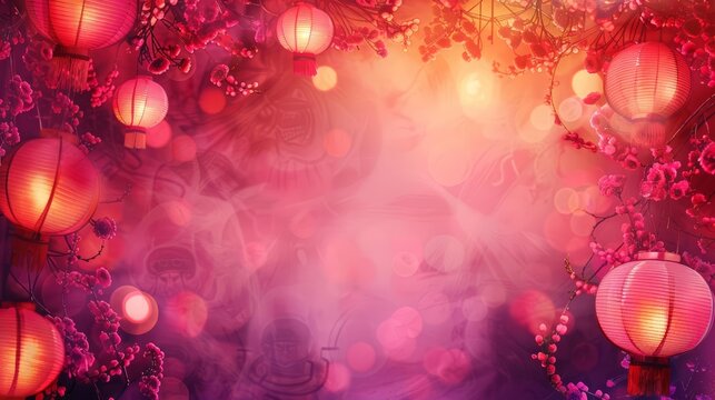 Beautiful festive background illuminated by lanterns in fuchsia for a lively celebration, Watercolor design Blank frame template Sharpen with large copy space on center