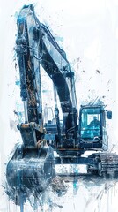 Excavator captured in an icy frost filter effect, highlighting cold blue hues and frost patterns, contrasting sharply with a white background