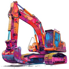 Excavator depicted in a pop art style, using bold, saturated colors and comic book halftones,...
