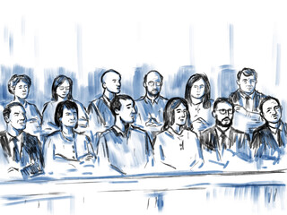 Pastel pencil pen and ink sketch illustration of a courtroom trial setting a jury of twelve 12 peers person juror on a court case drama in judiciary court of law and justice.