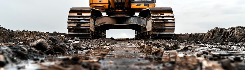 Fototapeta premium Perspective shot from the base of the excavator looking upwards, emphasizing its impressive height and sturdy build, isolated on white