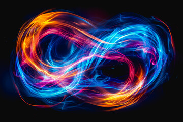 neon light swirls dancing in colorful or pastel with vivid streaks, isolated on a black background.