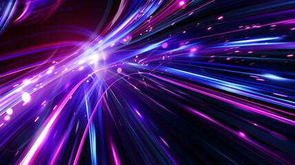 A dynamic background of light streaks and lines in purple, blue, and black colors, creating an abstract design that suggests speed or technology.