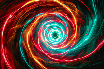 Obraz premium neon light swirls dancing in colorful or pastel with vivid streaks, isolated on a black background.