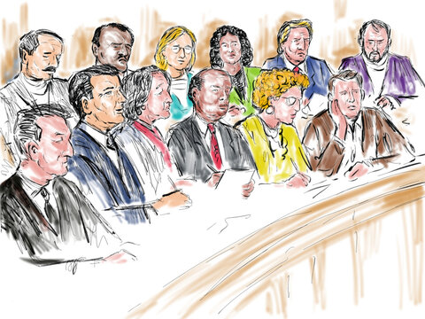 Pastel pencil pen and ink sketch illustration of a courtroom trial setting a jury of twelve 12 peers person juror on a court case drama in judiciary court of law and justice.