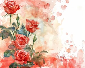 Classic love day symbols like elegant roses and hearts adorn a watercolor painting for a romantic greeting card