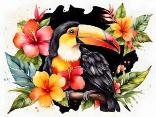 Naklejka premium toucan in the jungle bird, toucan, animal, tropical, hornbill, beak, nature, jungle, yellow, wildlife, black, wild, colorful, exotic,Ai generated 