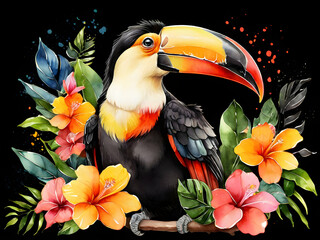 Naklejka premium toucan bird on a branch bird, toucan, animal, hornbill, beak, tropical, nature, yellow, black, wild, jungle, wildlife, colorful, exotic,Ai generated 
