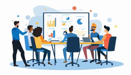 A business roundtable where young entrepreneurs brainstorm creative solutions over digital presentation screens