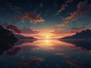 ultra wide angle of mystical sunset at lake