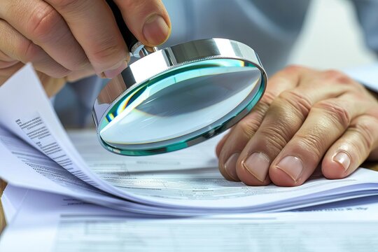 A business professional identifying gaps in a pipeline report, using a magnifying glass on printed documents