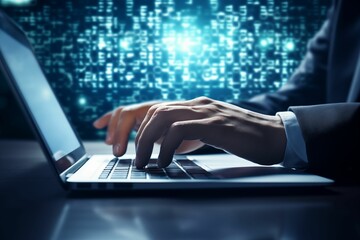 Obraz premium Close up of hands typing on a laptop with glowing hologram graphs and numbers displayed, in the style of a business concept background with a blue color scheme. Generative ai
