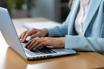 Closeup of female hands typing on a laptop keyboard. A business woman working in the office at day in the style of digital business concept background. Generative ai